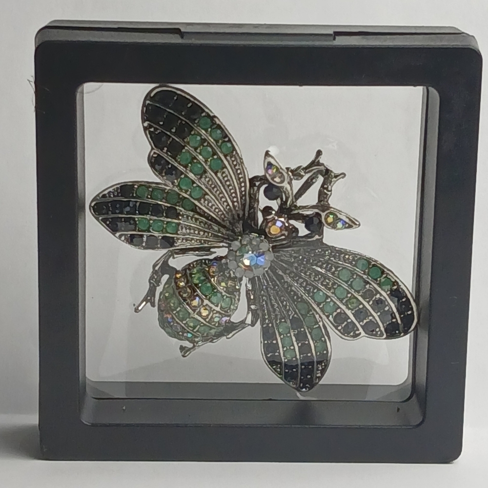 Crystal Bee Brooch with Green and Navy Rhinestones